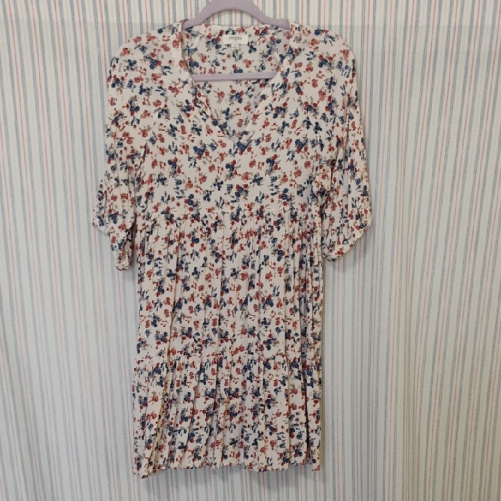 Umgee Cream Babydoll Mini Dress Floral Print In Rust Red, Blue, & Green M